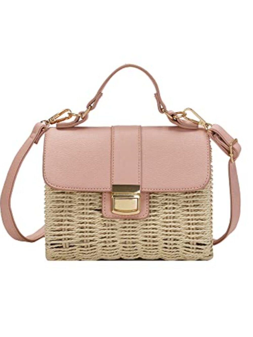 Straw Rattan Woven Crossbody Bag with PU Leather Strap
